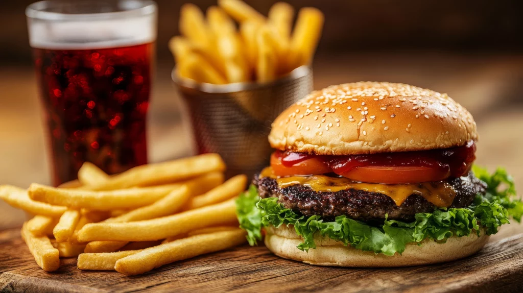 Um close-up de um hambúrguer com batatas fritas e refrigerante, representando escolhas de estilo de vida associadas ao aumento dos casos de infertilidade.