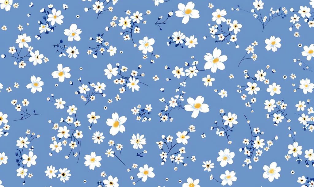 Fundo azul com um padrão de flores e botões brancos espalhados. As flores têm centros laranja e detalhes pretos nas pétalas. A imagem é uma forma visual de traduzir o sentimento de autonomia feminina associado ao planejamento reprodutivo.