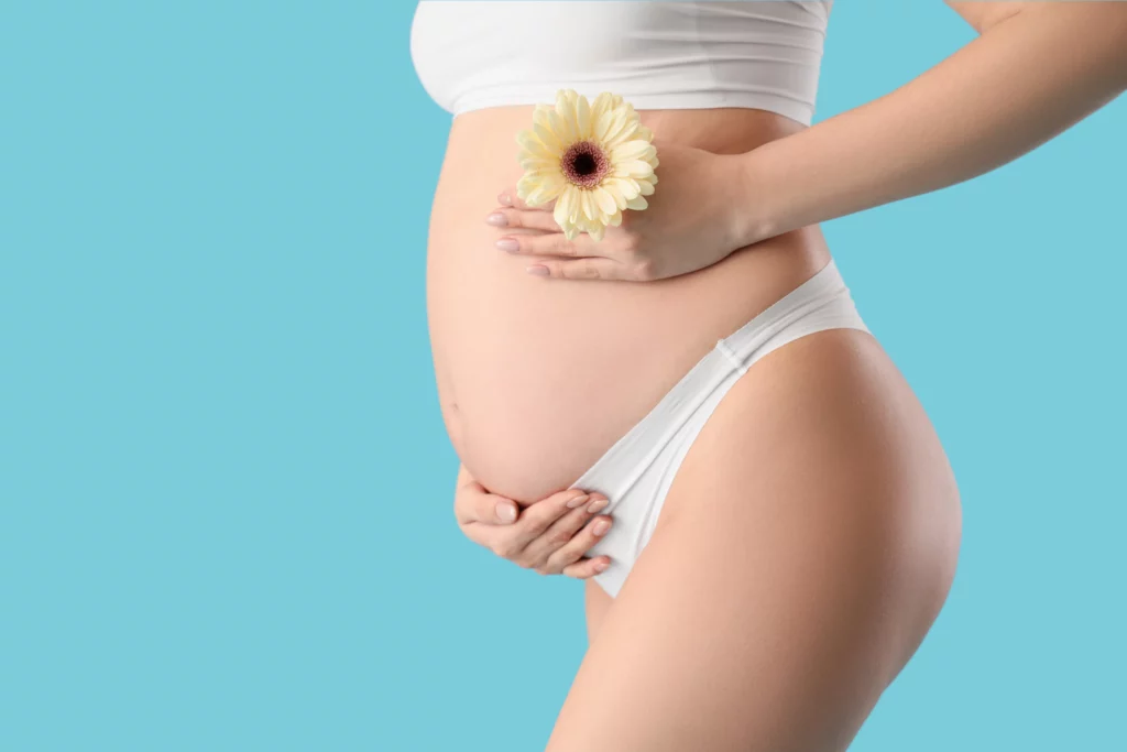 Uma mulher grávida segurando uma flor na barriga, representando a fertilidade aos 20, 30 e 40 anos.