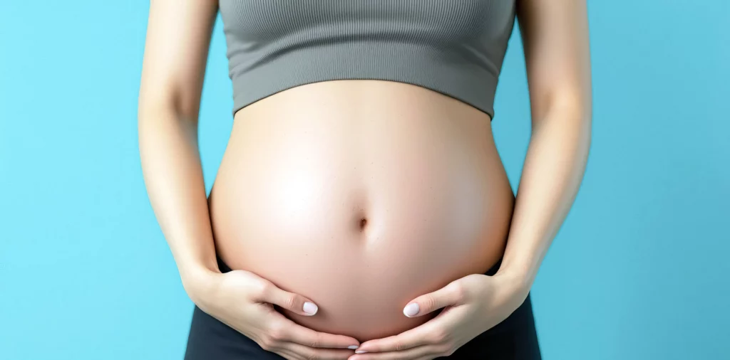 Barriga de uma mulher grávida, possivelmente resultado de inseminação artificial com sêmen de doador, com as mãos da mãe a protegê-la. Fundo azul.
